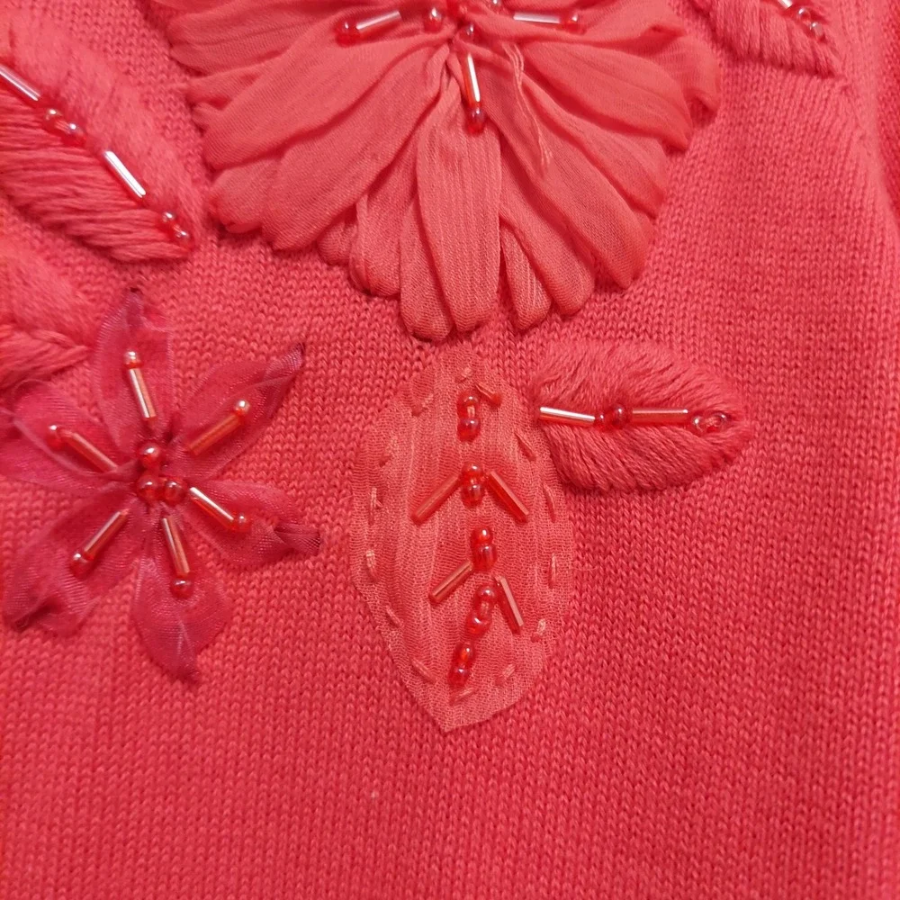 Christopher & Banks Womens Coral Pink Floral Beaded Cotton Cardigan Sweater S
